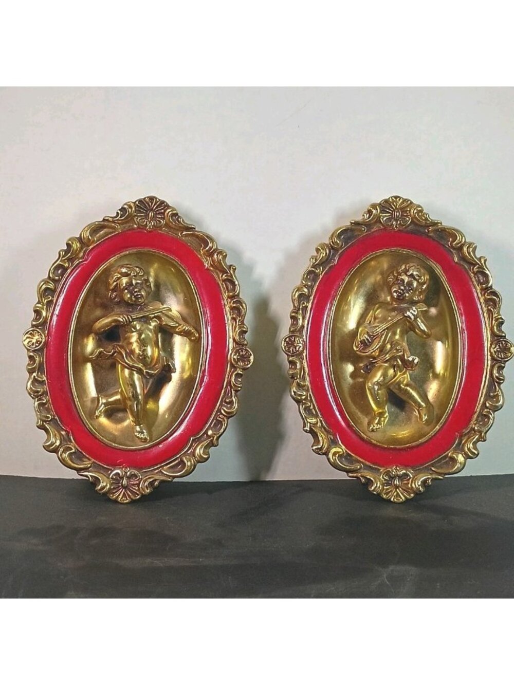 Vtg Cherub Angel Ardco Japan Red Gold Gilt Oval Plaque Lot Of 2 Gothic Victorian